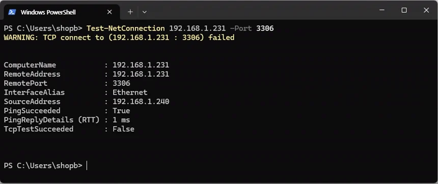 Windows 관리 PC에서 MySQL 3306 포트가 외부에 공개되지 않았음을 확인한 PowerShell 화면