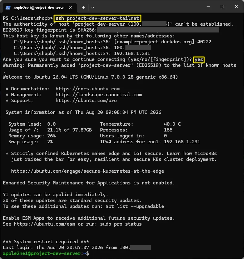 Windows PowerShell에서 project-dev-server-tailnet SSH 별칭으로 접속해 Host Key를 승인하고 Ubuntu 서버 터미널이 열린 화면