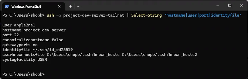 Windows PowerShell에서 ssh -G 명령으로 project-dev-server-tailnet 별칭의 user, hostname, port와 identityfile 적용값을 확인한 화면