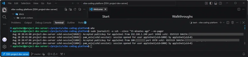 VS Code 원격 서버 터미널에서 최근 15분간의 SSH 로그를 조회하고 공개 키 인증 성공 기록을 확인한 화면