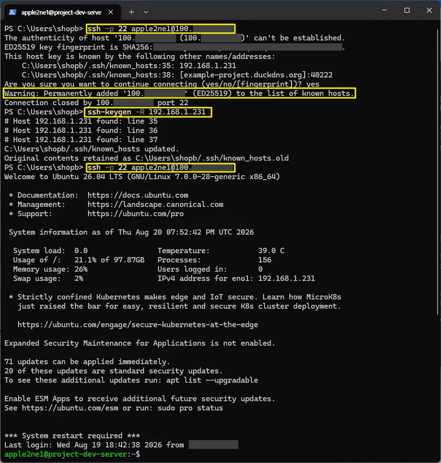 Windows PowerShell에서 ssh-keygen -R 192.168.1.231로 기존 known_hosts 항목을 제거한 뒤 Tailscale IP로 SSH 재접속에 성공한 화면