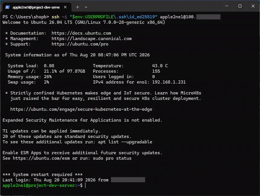 Windows PowerShell에서 id_ed25519 개인 키와 Tailscale IP를 지정해 SSH로 접속하고 Ubuntu 서버 터미널이 열린 화면
