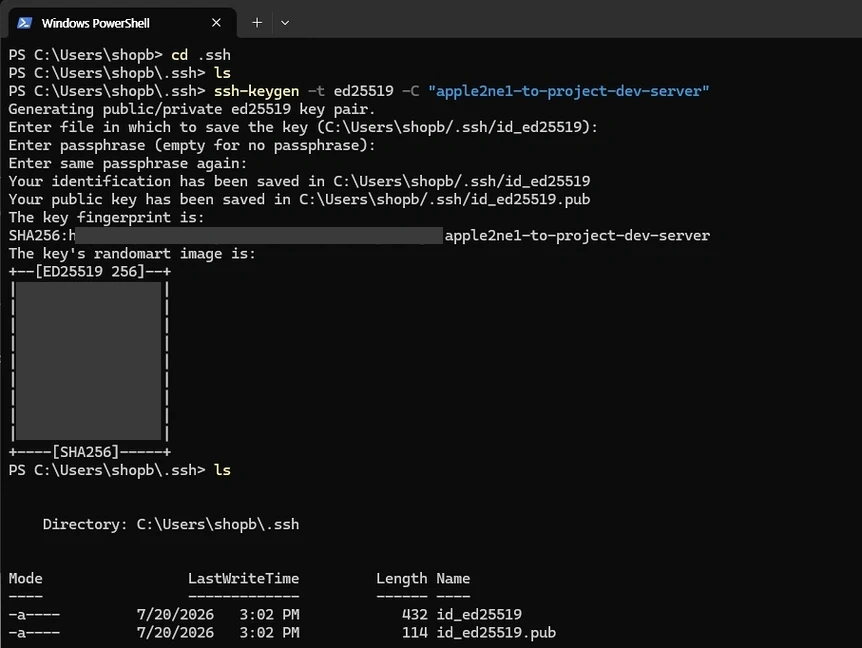 Windows 관리 PC에 기존 공개 키가 없어 ssh-keygen 명령으로 새 키를 생성하는 과정