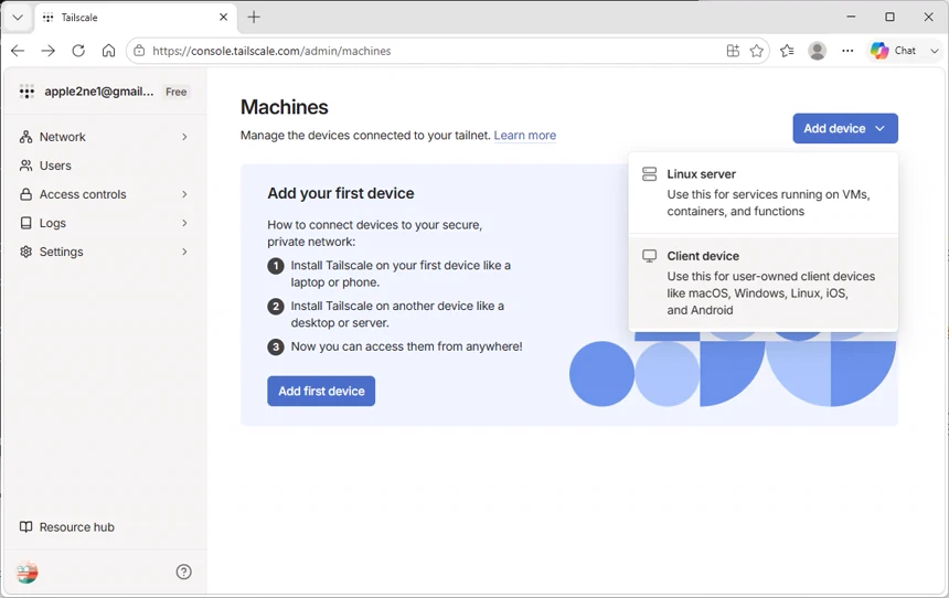 Tailscale 관리 콘솔의 Machines 페이지에서 Add device 메뉴를 열어 Linux server와 Client device 선택 항목을 확인하는 화면
