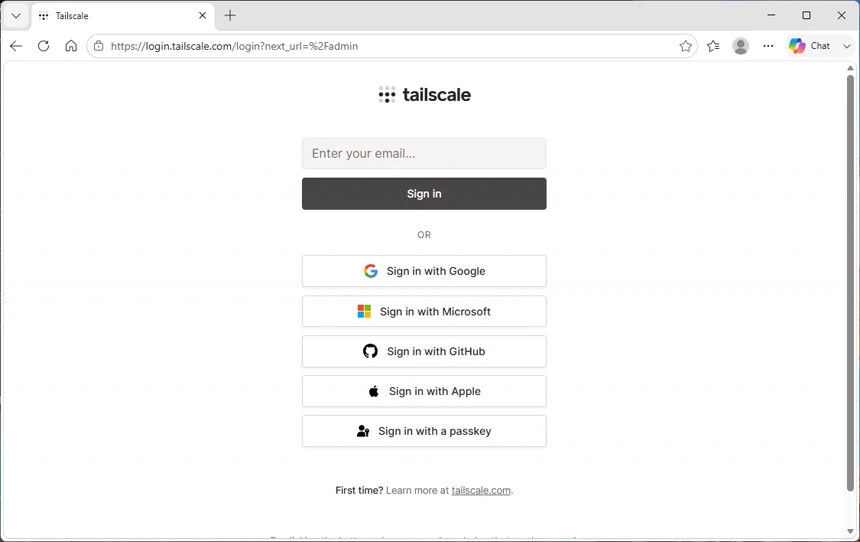 Tailscale 관리 콘솔 로그인 페이지에 이메일 입력란과 Google, Microsoft, GitHub, Apple 및 패스키 로그인 버튼이 표시된 화면