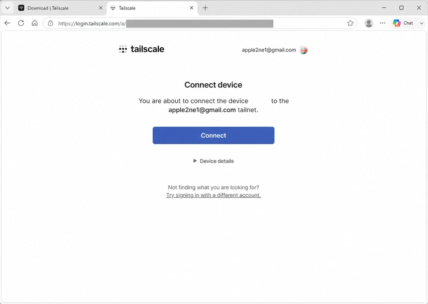 Tailscale Connect device 페이지에서 블로그 계정 Tailnet에 장치를 연결하기 위한 Connect 버튼이 표시된 화면