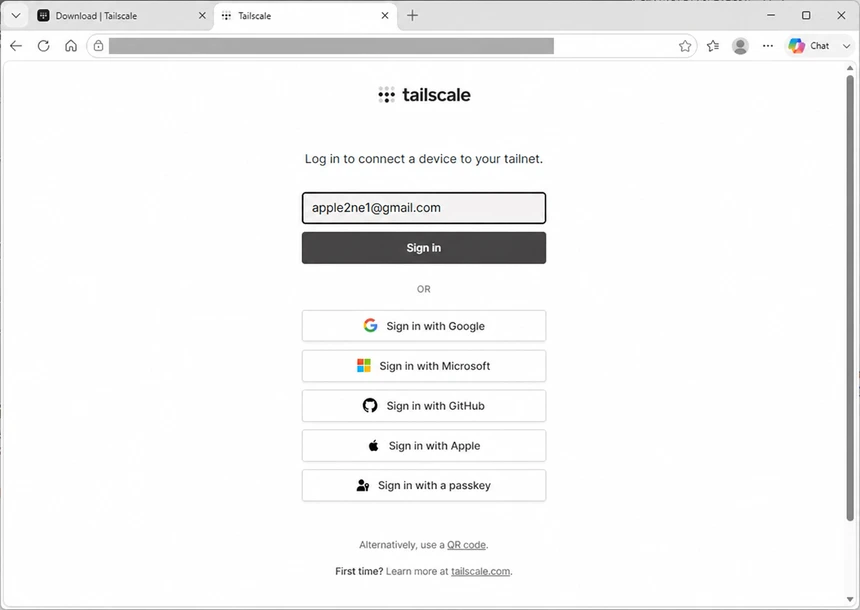 Tailscale 장치 연결 로그인 페이지에서 처음 등록한 블로그 이메일 계정과 Sign in 버튼이 표시된 화면