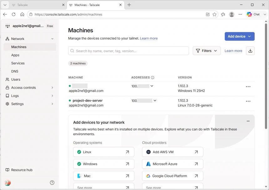 Tailscale Machines 페이지에서 project-dev-server의 Needs approval 표시가 사라지고 Linux 서버와 Windows 장치가 연결 상태로 표시된 화면