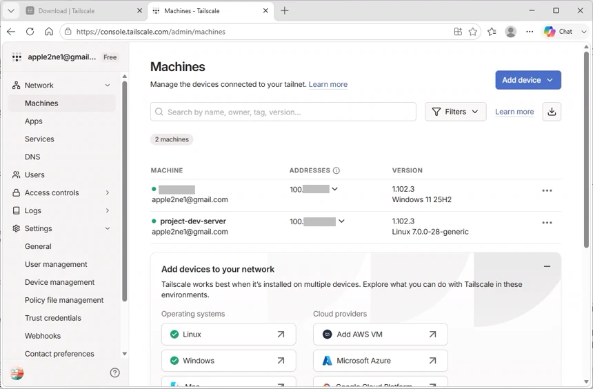 Tailscale Machines 페이지에서 Linux 서버의 장치 이름 project-dev-server를 확인하고 다른 장치 이름과 Tailscale 주소는 가려진 화면