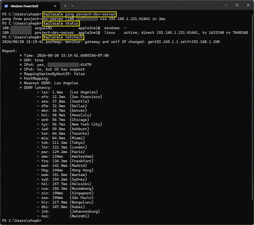 Windows PowerShell에서 tailscale ping과 status로 직접 연결을 확인하고 tailscale netcheck로 UDP 사용 가능 여부와 DERP 지역별 지연 시간을 확인한 화면