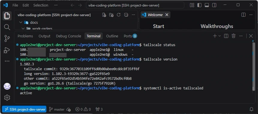 VS Code 원격 터미널에서 Tailnet 장치 상태, Tailscale 버전 정보와 tailscaled 서비스의 active 상태를 확인하고 IP 일부는 가린 화면