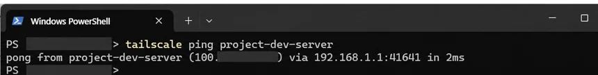 Windows PowerShell에서 tailscale ping project-dev-server를 실행해 로컬 주소를 통한 2ms 응답을 확인하고 Windows 계정 경로는 가린 화면