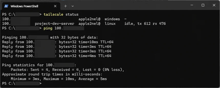 Windows PowerShell에서 tailscale status로 project-dev-server를 확인하고 Tailscale IP로 ping한 결과를 표시하며 Windows 계정명과 IP 일부는 가린 화면