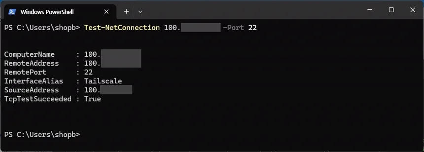Windows PowerShell에서 Tailscale IP의 SSH 포트 22 연결을 확인하고 TcpTestSucceeded가 True로 표시된 화면