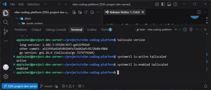 VS Code 원격 터미널에서 Tailscale 버전과 tailscaled 서비스의 active 및 enabled 상태를 확인한 화면