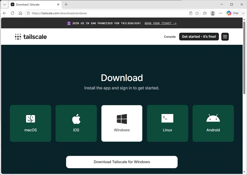 Tailscale Download 페이지에서 Windows 항목이 선택되고 Download Tailscale for Windows 버튼이 표시된 화면