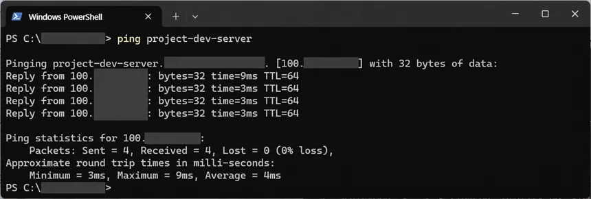 Windows PowerShell에서 ping project-dev-server를 실행해 응답 손실 없이 MagicDNS 연결을 확인하고 Windows 계정명과 MagicDNS 도메인은 가린 화면