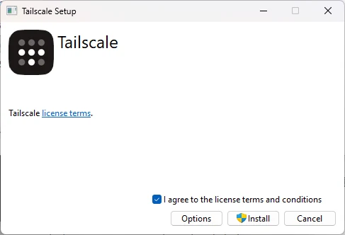 Tailscale Setup 창에서 라이선스 약관 동의 항목을 선택하고 Install 버튼을 실행할 수 있는 화면