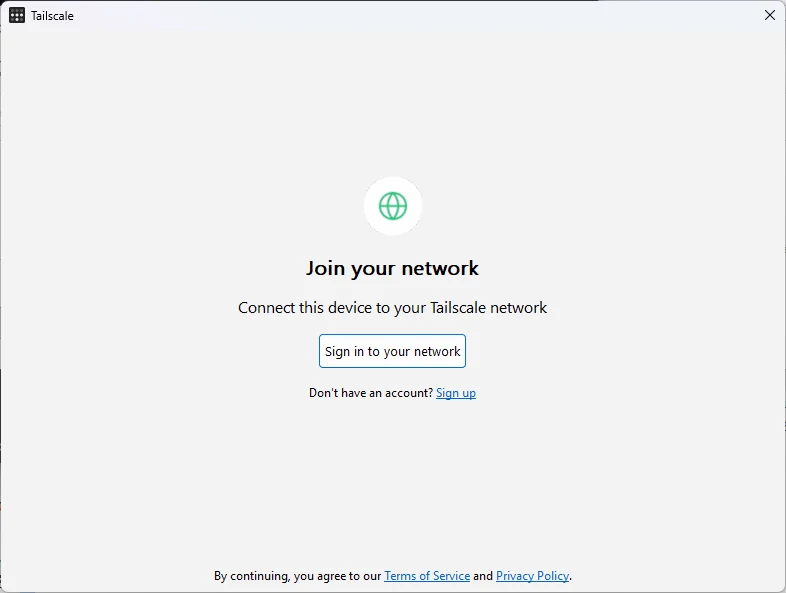 Tailscale Windows 앱의 Join your network 화면에서 Sign in to your network 버튼으로 로그인을 시작하는 화면