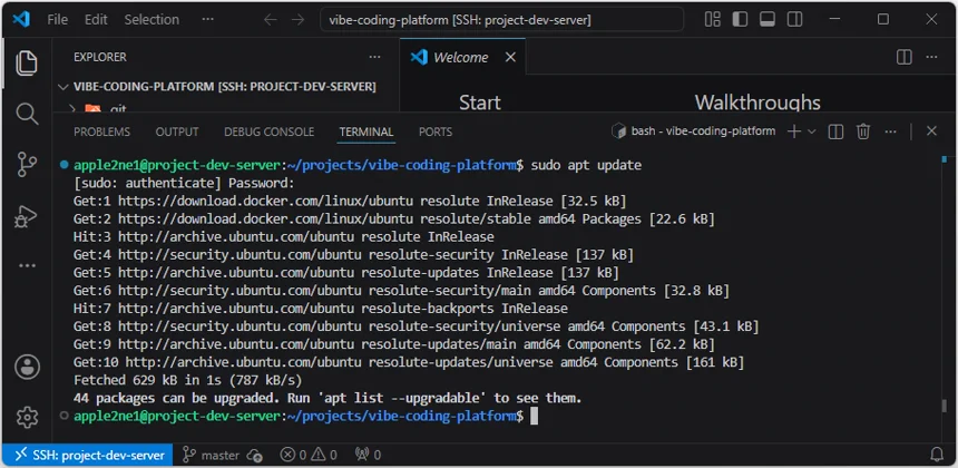 VS Code 원격 터미널에서 sudo apt update로 Ubuntu 패키지 목록을 갱신한 결과