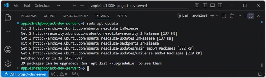 Ubuntu 저장소에서 최신 패키지 목록을 가져와 sudo apt update 실행을 완료한 화면