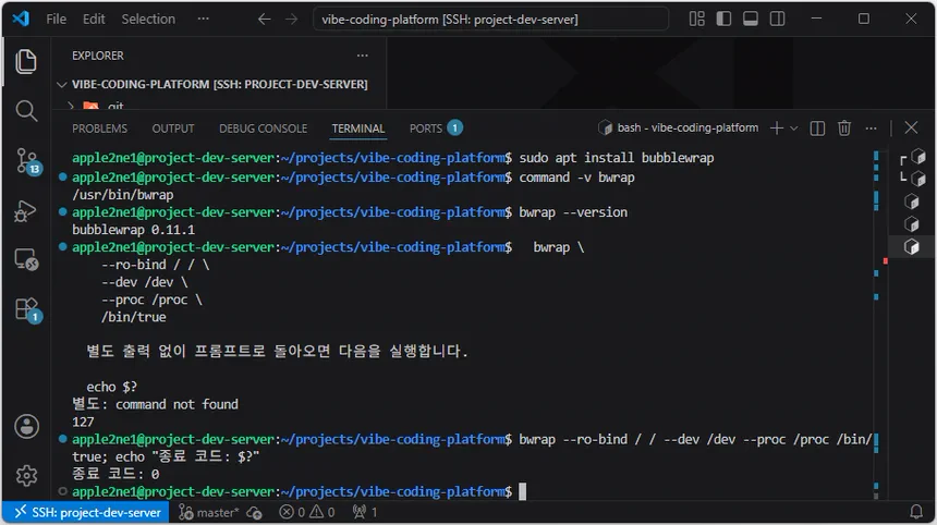 VS Code 원격 터미널에서 bubblewrap 0.11.1의 설치와 경로를 확인하고, 설명 문장을 명령으로 입력해 발생한 127 오류 후 올바른 bwrap 검사로 종료 코드 0을 확인한 화면