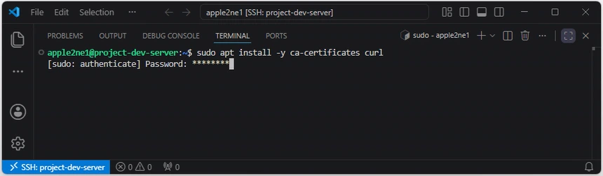 VS Code의 Linux 서버 터미널에서 ca-certificates와 curl 설치 명령을 실행하고 sudo 암호 입력을 기다리는 화면