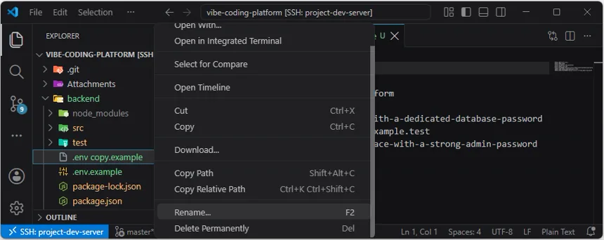 VS Code Explorer에서 복사된 .env copy.example 파일의 이름 변경을 선택한 화면