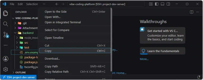 VS Code Explorer에서 backend .env.example 파일의 바로 가기 메뉴를 열고 Copy를 선택한 화면