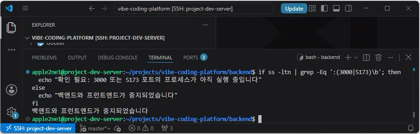 VS Code 원격 터미널에서 3000번과 5173번 포트의 프로세스가 중지되었음을 확인한 화면