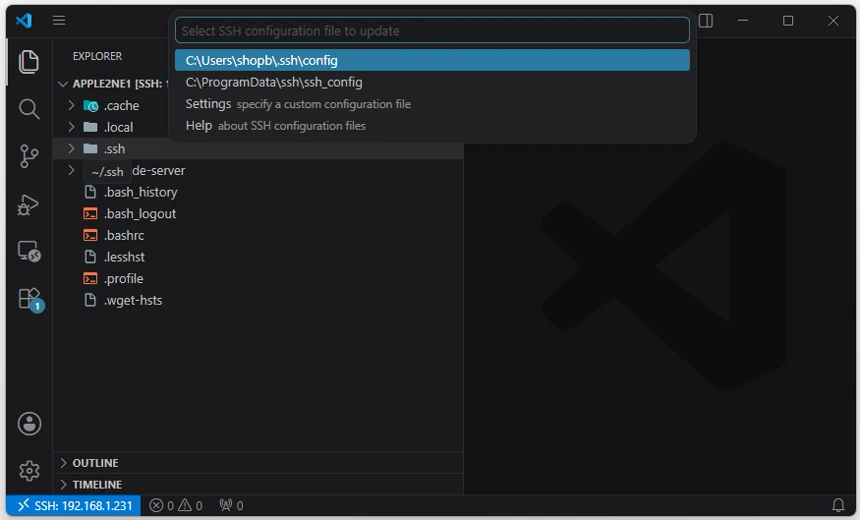 VS Code에서 사용자 SSH config 파일을 선택하는 화면