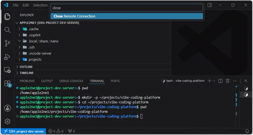 VS Code 명령 팔레트에서 Close Remote Connection을 검색해 기존 원격 연결을 종료하는 화면