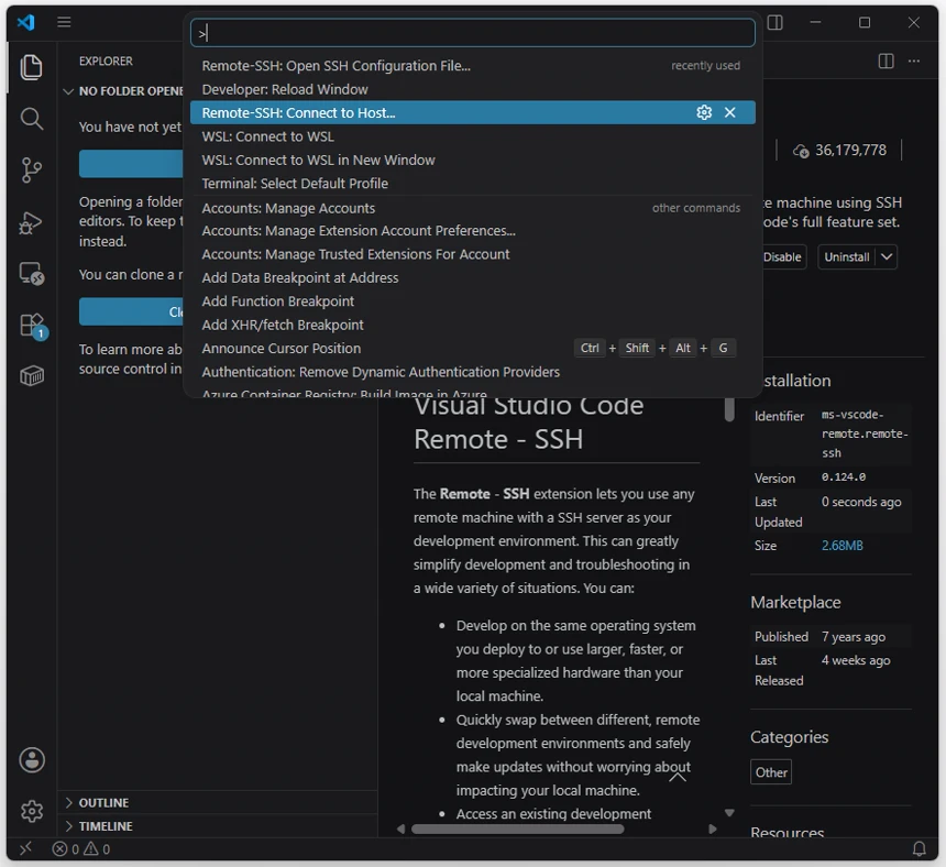 VS Code Command Palette에서 Remote-SSH Connect to Host 명령이 선택된 화면