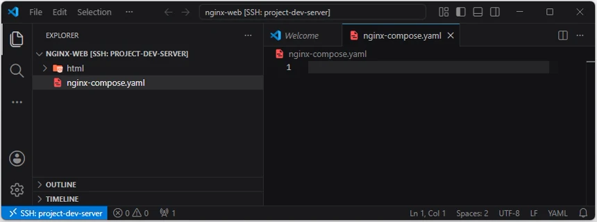 VS Code Explorer에 nginx-compose.yaml 파일이 생성되고 편집기에 새 파일이 열린 화면