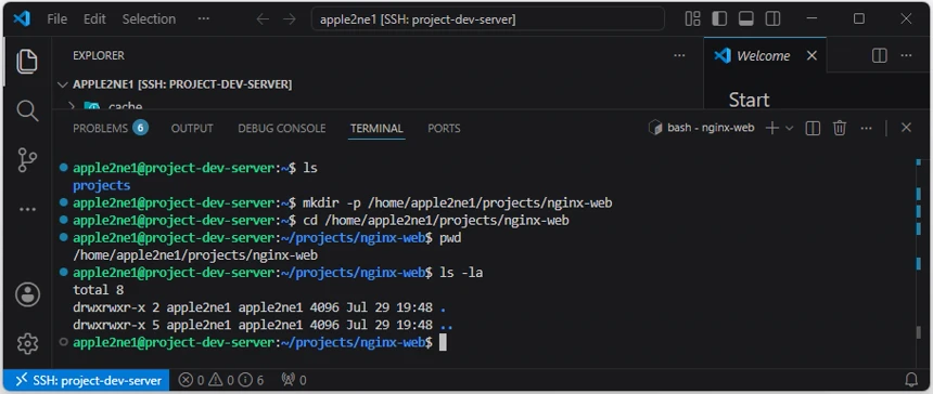 VS Code의 SSH 원격 터미널에서 nginx-web 프로젝트 폴더를 만들고 이동한 뒤 pwd와 ls 명령으로 경로와 폴더 내용을 확인한 결과