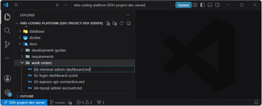 VS Code Explorer의 docs work-orders 폴더에 06단계 정식 작업 지시서 파일을 만든 화면