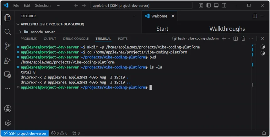 VS Code 원격 터미널에서 vibe-coding-platform 폴더를 만들고 pwd와 ls 명령으로 확인한 결과