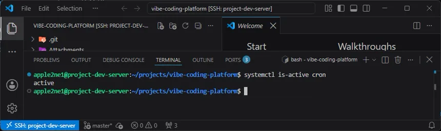 VS Code 터미널에서 systemctl is-active cron을 실행하여 cron 서비스의 active 상태를 확인하는 화면