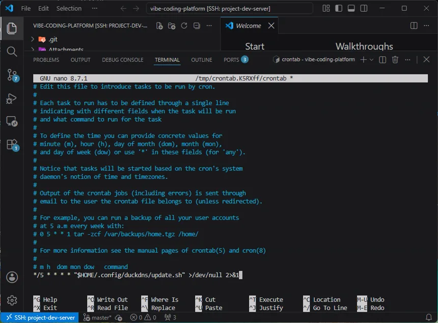 VS Code 터미널의 Nano 편집기에서 DuckDNS 갱신 스크립트를 5분마다 실행하는 예약 작업을 Crontab 마지막 줄에 추가한 화면