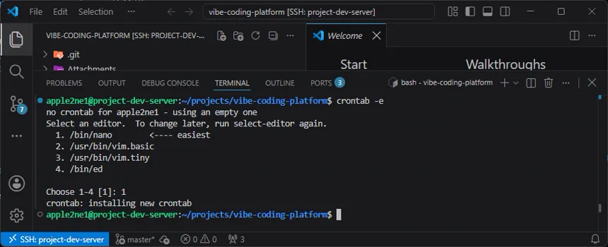 VS Code 터미널에서 Crontab 편집을 마친 뒤 crontab installing new crontab 메시지로 새 예약 작업 설치를 확인한 화면