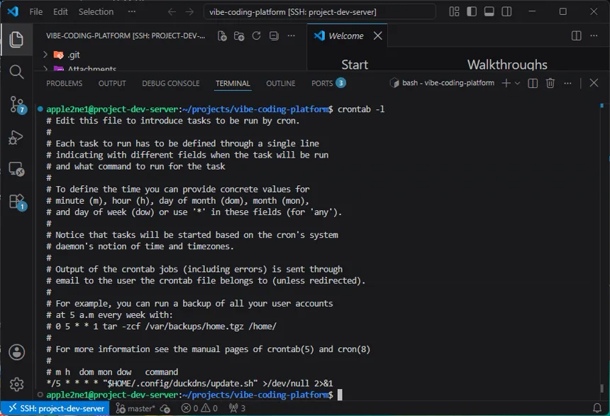 VS Code 터미널에서 crontab -l을 실행하여 DuckDNS 갱신 스크립트의 5분 주기 예약 작업이 한 번 등록된 상태를 확인하는 화면