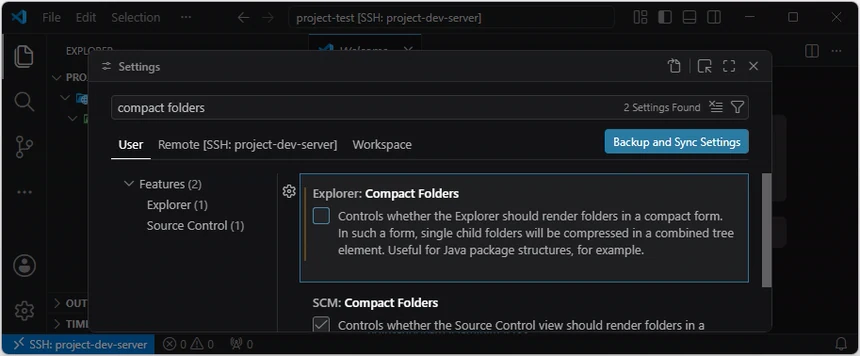 VS Code Settings에서 Explorer Compact Folders의 체크를 해제한 화면