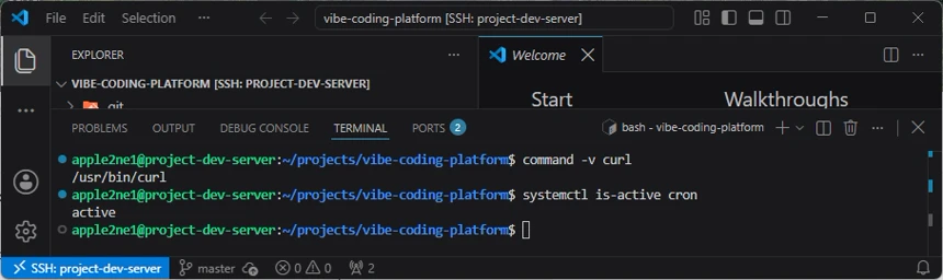 VS Code 터미널에서 curl 설치 경로와 cron 서비스의 active 상태를 확인한 화면
