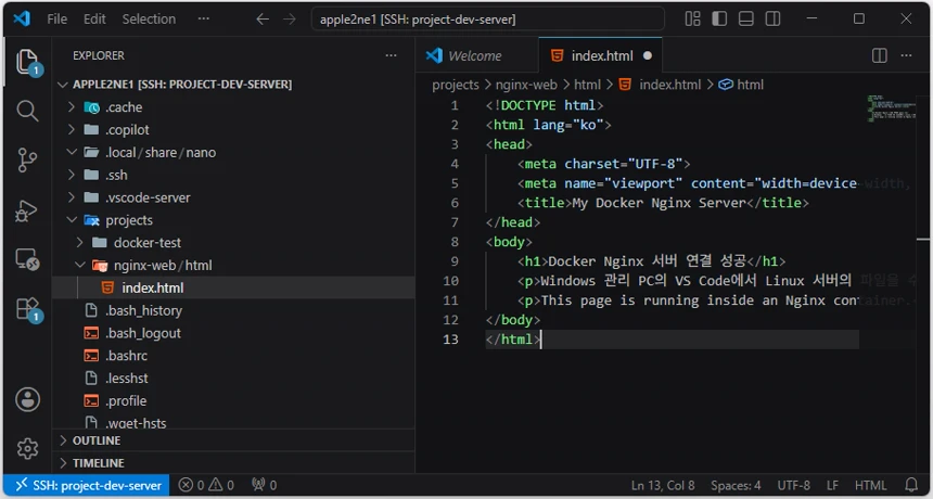 VS Code에서 nginx-web/html/index.html 파일을 열고 Docker Nginx 연결 확인용 HTML 코드를 작성한 화면