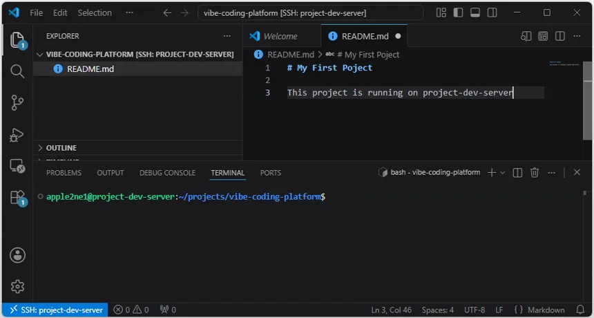 VS Code 편집기에서 README 점 md 파일에 My First Project 제목과 project-dev-server 설명을 작성한 미저장 상태 화면