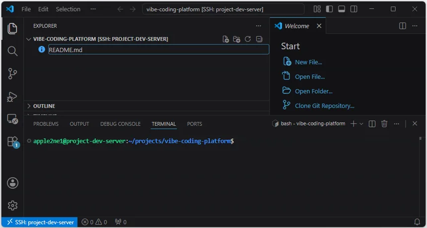 VS Code Explorer의 새 파일 이름 입력란에 README 점 md를 입력한 화면
