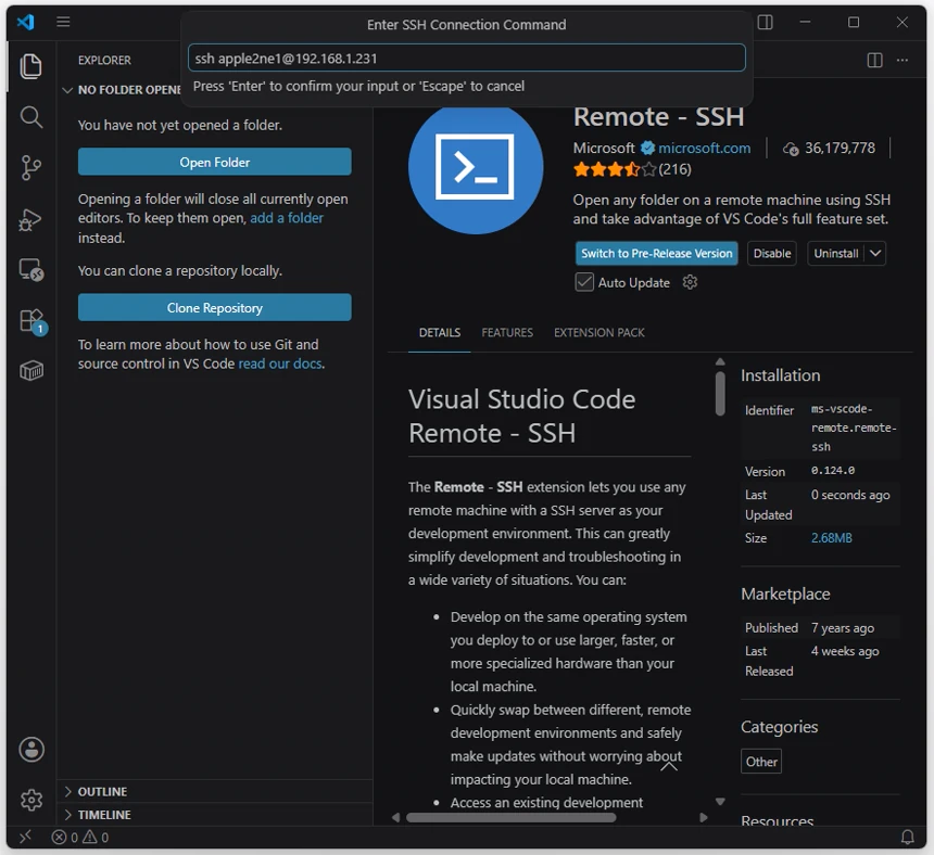 VS Code의 Enter SSH Connection Command 입력창에 예시 계정 apple2ne1과 서버 IP 192.168.1.231을 사용한 SSH 명령을 입력한 화면