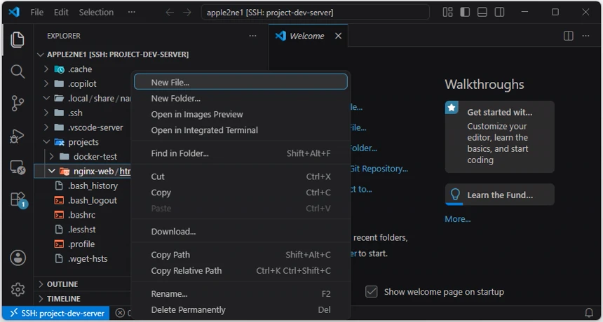 VS Code Explorer에서 nginx-web/html 폴더의 바로 가기 메뉴를 열고 New File 항목을 선택하는 화면