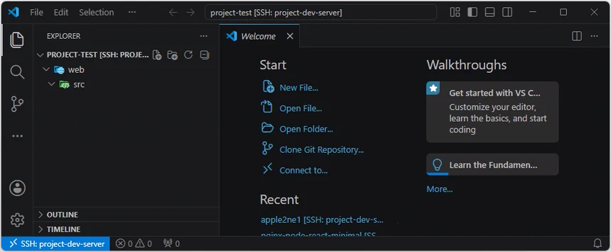 VS Code Explorer에서 Compact Folders를 끈 뒤 web 폴더와 그 안의 src 폴더가 각각의 줄로 분리되어 표시되는 화면