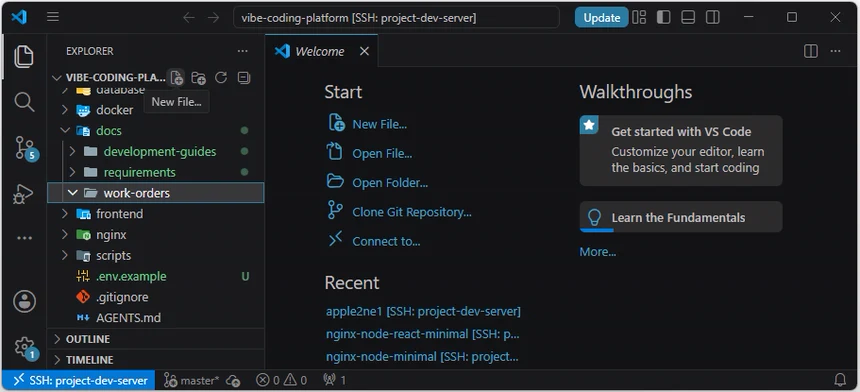 VS Code Explorer에서 docs의 work-orders 폴더를 선택하고 New File 아이콘으로 정식 작업 지시서 파일을 만들려는 화면